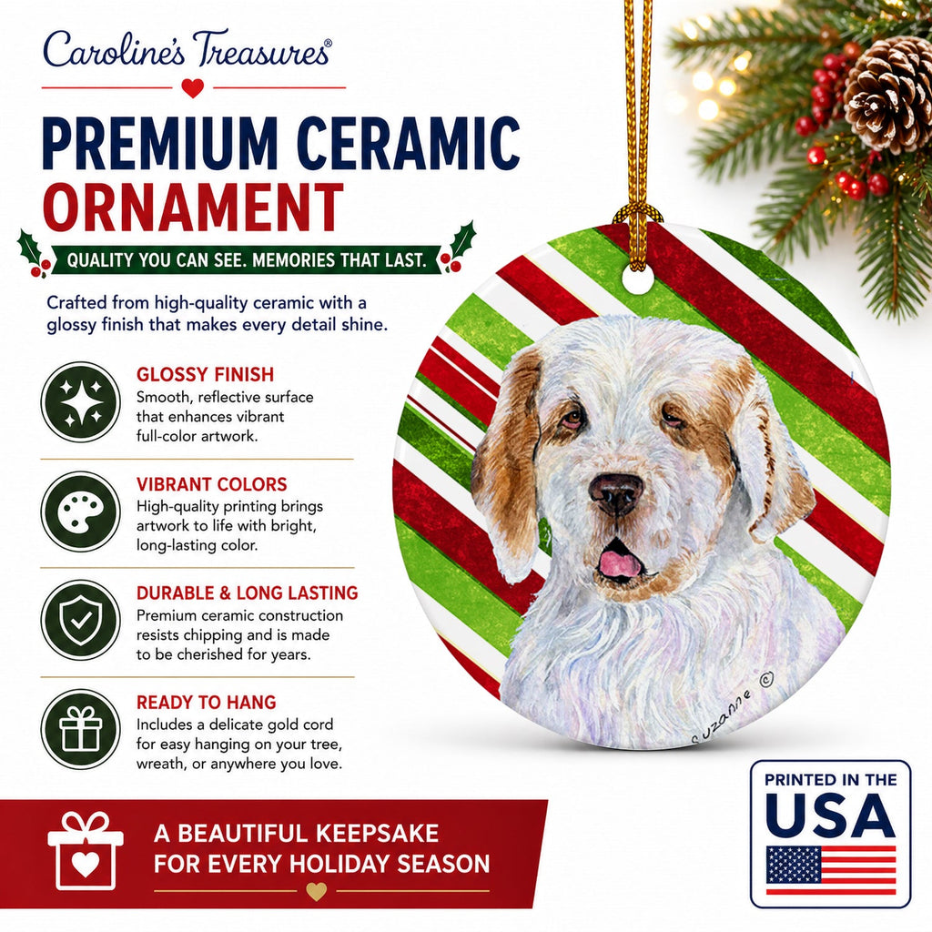 Clumber Spaniel Candy Cane Holiday Christmas Ceramic Ornament Christmas Tree Hanging Decorations for Home Christmas Holiday, Party, Gift, 3 in, Multicolor