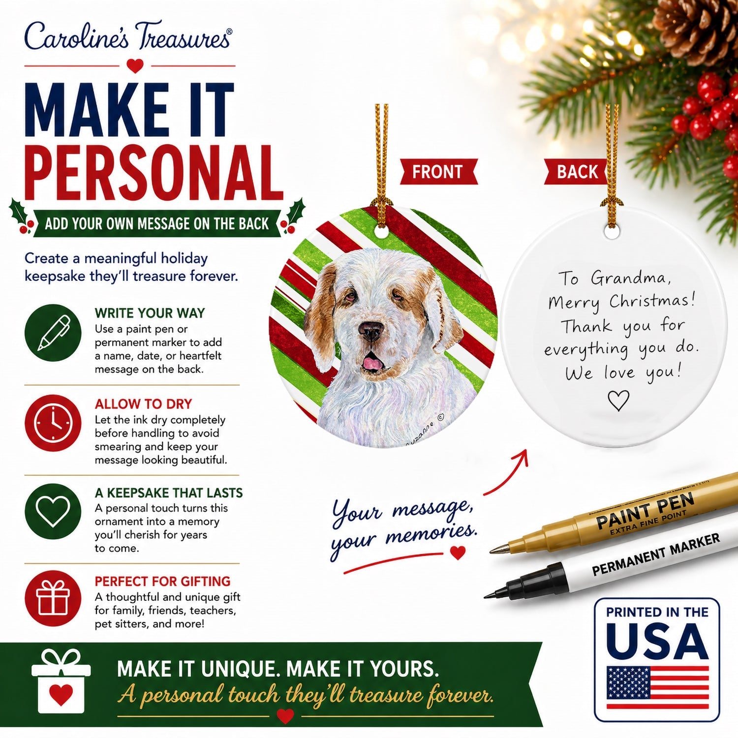 Clumber Spaniel Candy Cane Holiday Christmas Ceramic Ornament Christmas Tree Hanging Decorations for Home Christmas Holiday, Party, Gift, 3 in, Multicolor