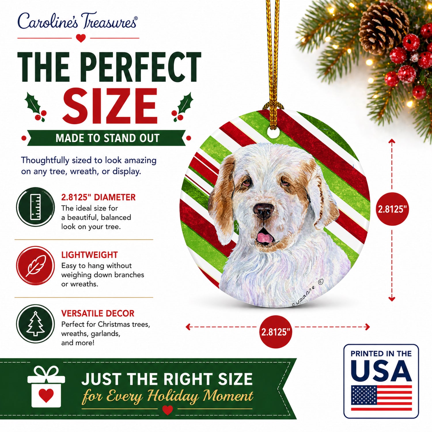 Clumber Spaniel Candy Cane Holiday Christmas Ceramic Ornament Christmas Tree Hanging Decorations for Home Christmas Holiday, Party, Gift, 3 in, Multicolor