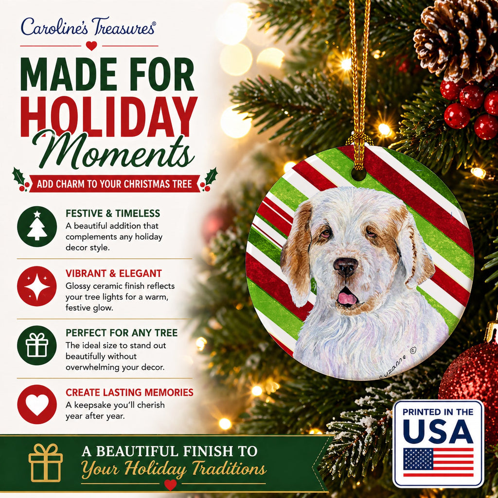 Clumber Spaniel Candy Cane Holiday Christmas Ceramic Ornament Christmas Tree Hanging Decorations for Home Christmas Holiday, Party, Gift, 3 in, Multicolor