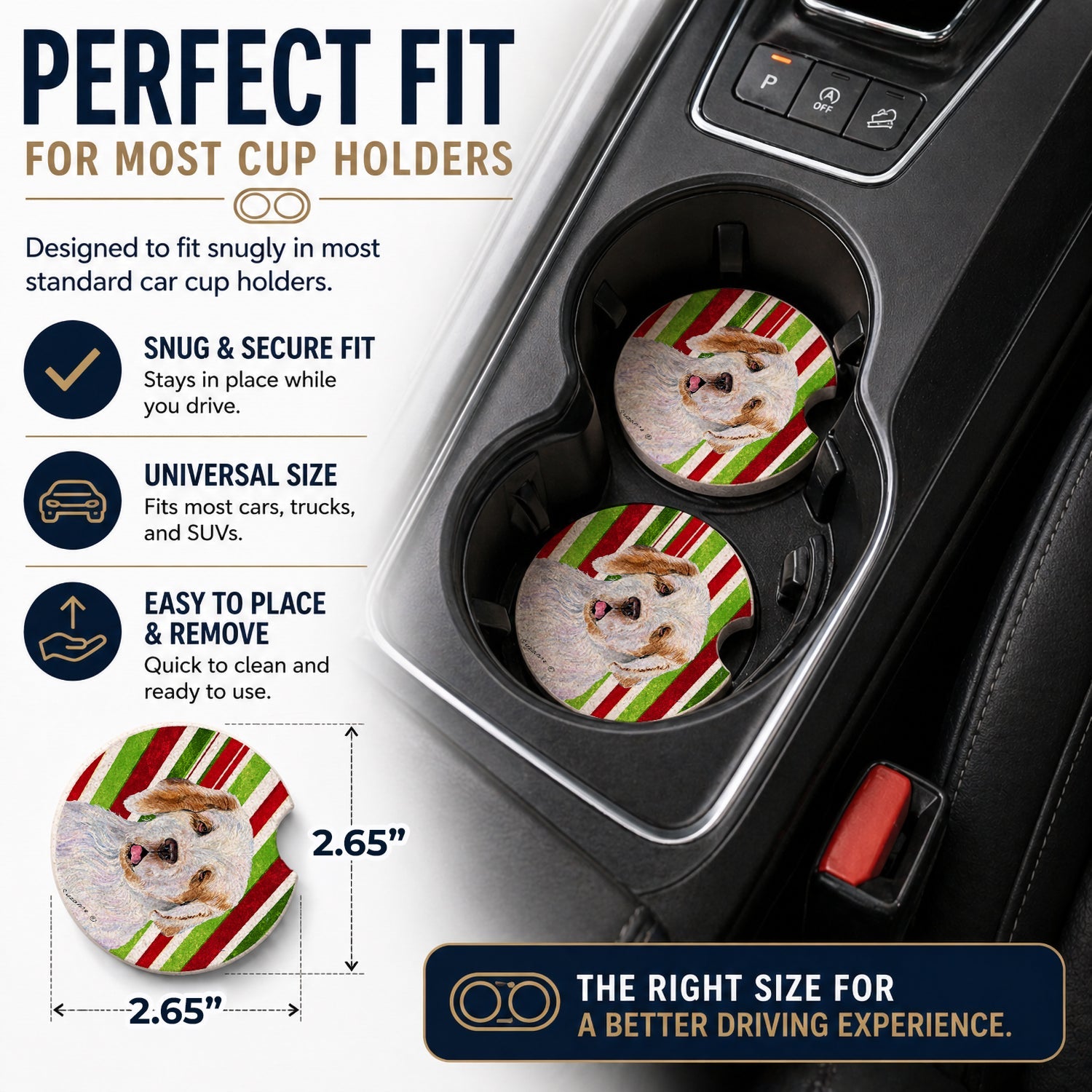 Clumber Spaniel Candy Cane Holiday Christmas Set of 2 Cup Holder Car Coasters Absorbent Round Sandstone Coasters Gifts for Men or Women, 2.5, Multicolor