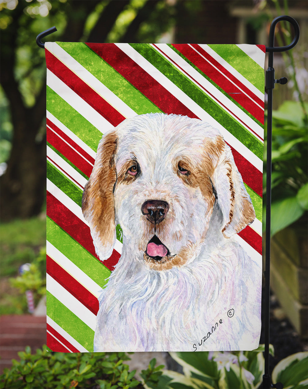 Clumber Spaniel Candy Cane Holiday Christmas Garden Flag Mailbox Decorative Yard Banner Outside Patio Artwork for Flower Beds, Garden Size, Multicolor