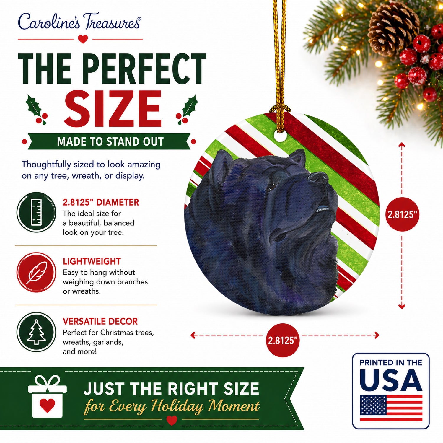 Chow Chow Candy Cane Holiday Christmas Ceramic Ornament Christmas Tree Hanging Decorations for Home Christmas Holiday, Party, Gift, 3 in, Multicolor