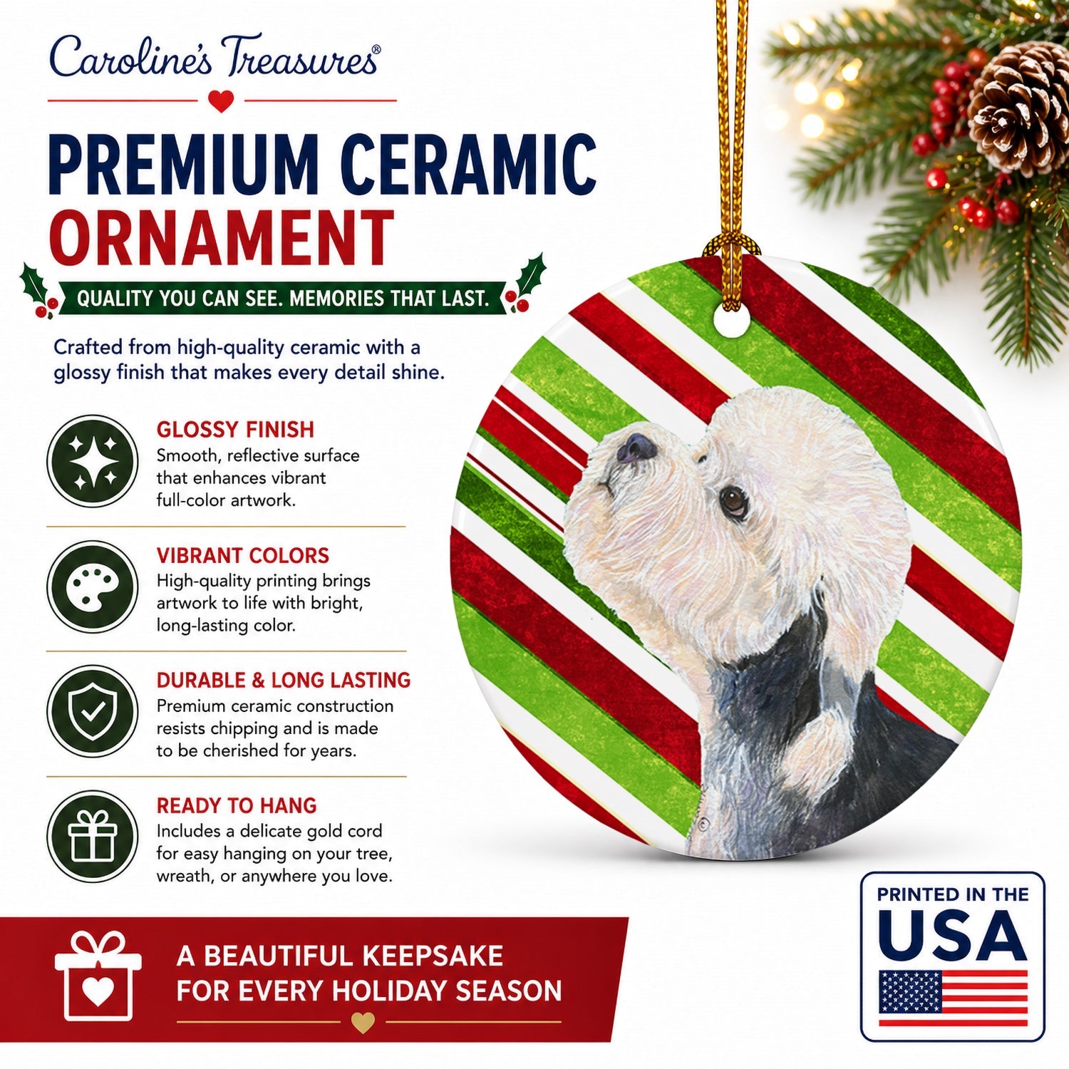 Dandie Dinmont Terrier Candy Cane Holiday Christmas Ceramic Ornament Christmas Tree Hanging Decorations for Home Christmas Holiday, Party, Gift, 3 in, Multicolor