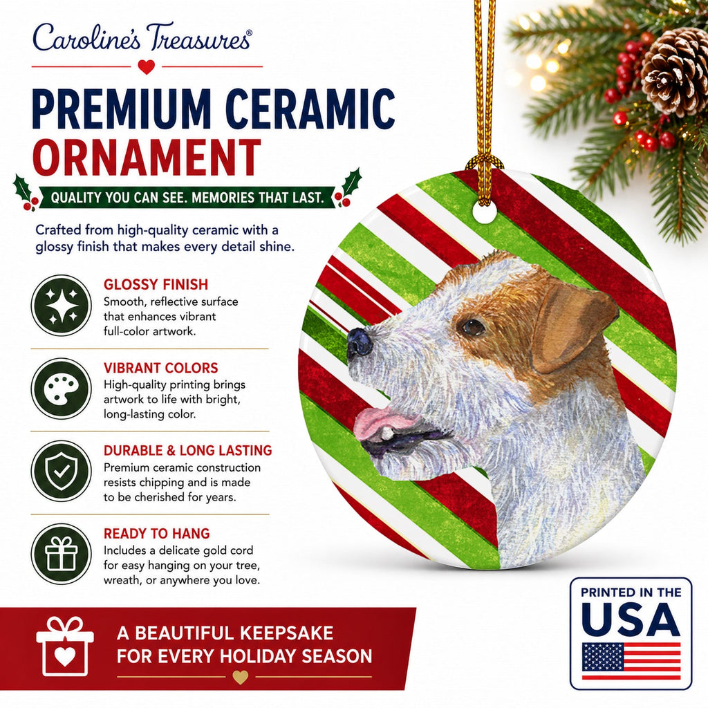 Jack Russell Terrier Candy Cane Holiday Christmas Ceramic Ornament Christmas Tree Hanging Decorations for Home Christmas Holiday, Party, Gift, 3 in, Multicolor