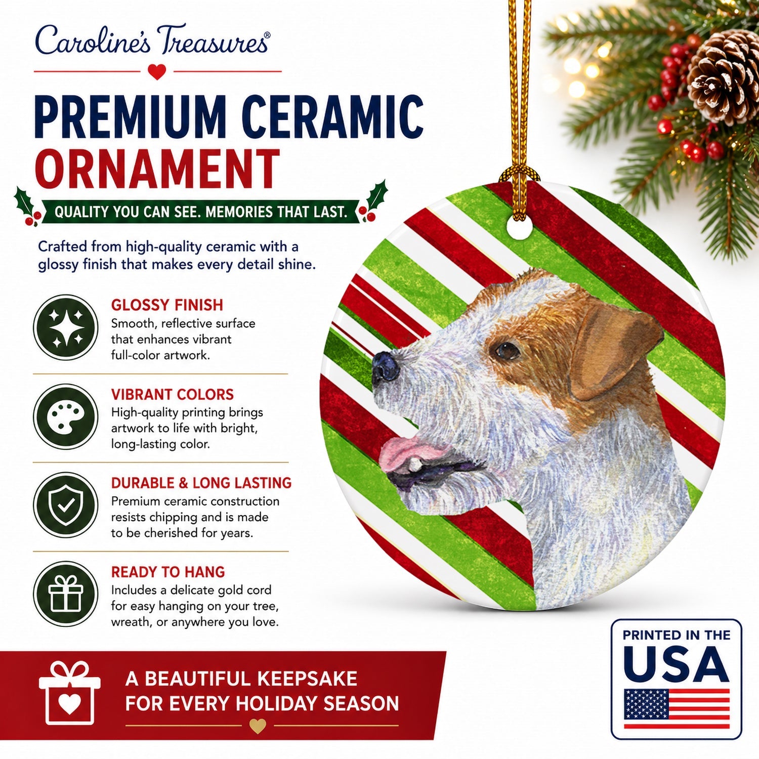 Jack Russell Terrier Candy Cane Holiday Christmas Ceramic Ornament Christmas Tree Hanging Decorations for Home Christmas Holiday, Party, Gift, 3 in, Multicolor