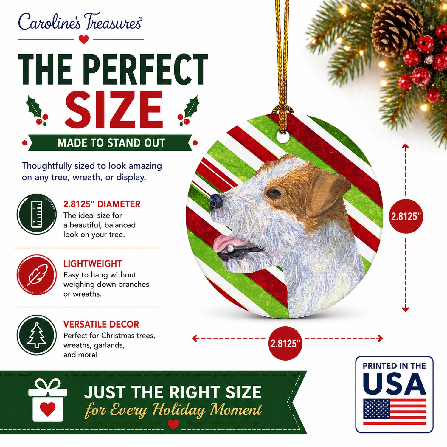 Jack Russell Terrier Candy Cane Holiday Christmas Ceramic Ornament Christmas Tree Hanging Decorations for Home Christmas Holiday, Party, Gift, 3 in, Multicolor