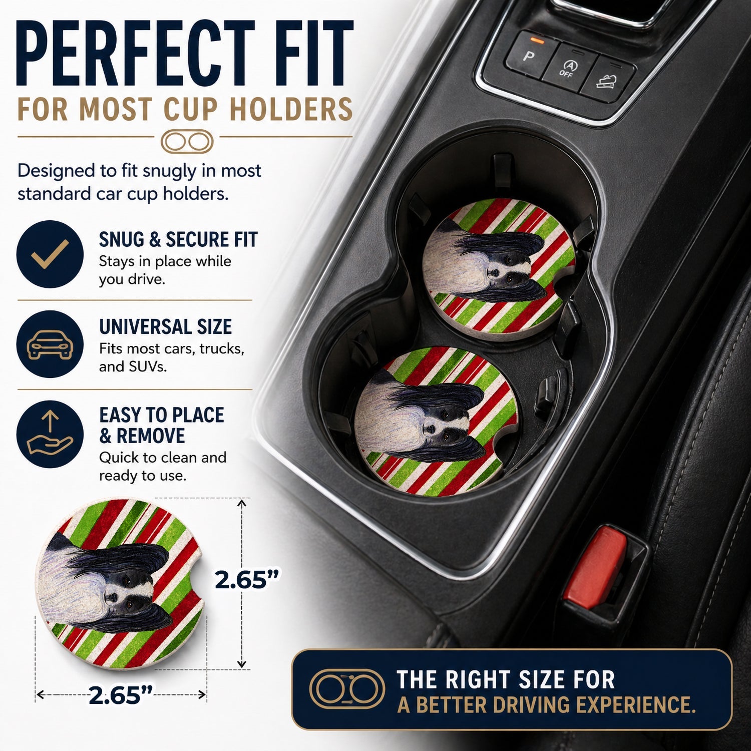 Papillon Candy Cane Holiday Christmas Set of 2 Cup Holder Car Coasters Absorbent Round Sandstone Coasters Gifts for Men or Women, 2.5, Multicolor