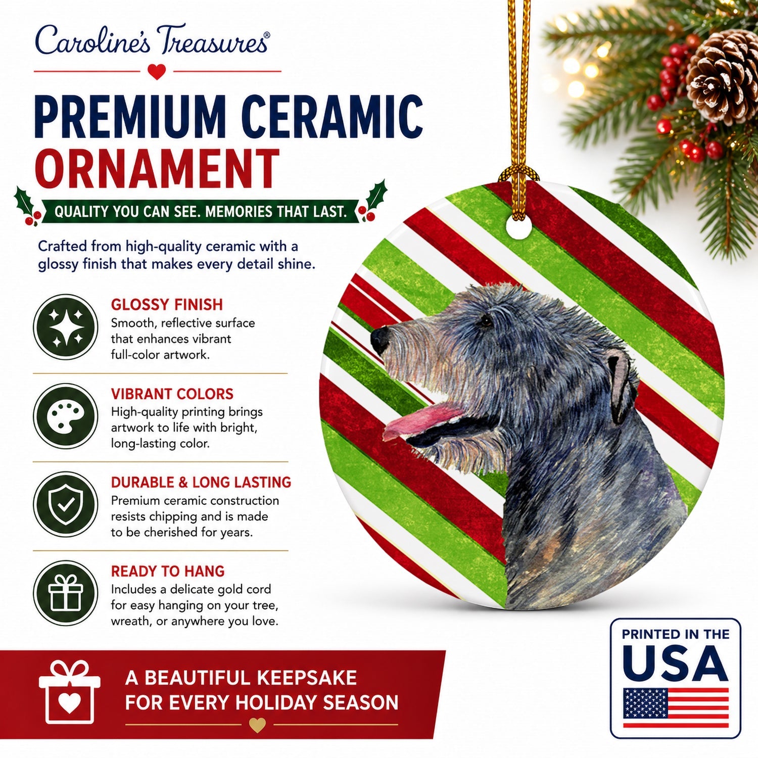 Irish Wolfhound Candy Cane Holiday Christmas Ceramic Ornament Christmas Tree Hanging Decorations for Home Christmas Holiday, Party, Gift, 3 in, Multicolor
