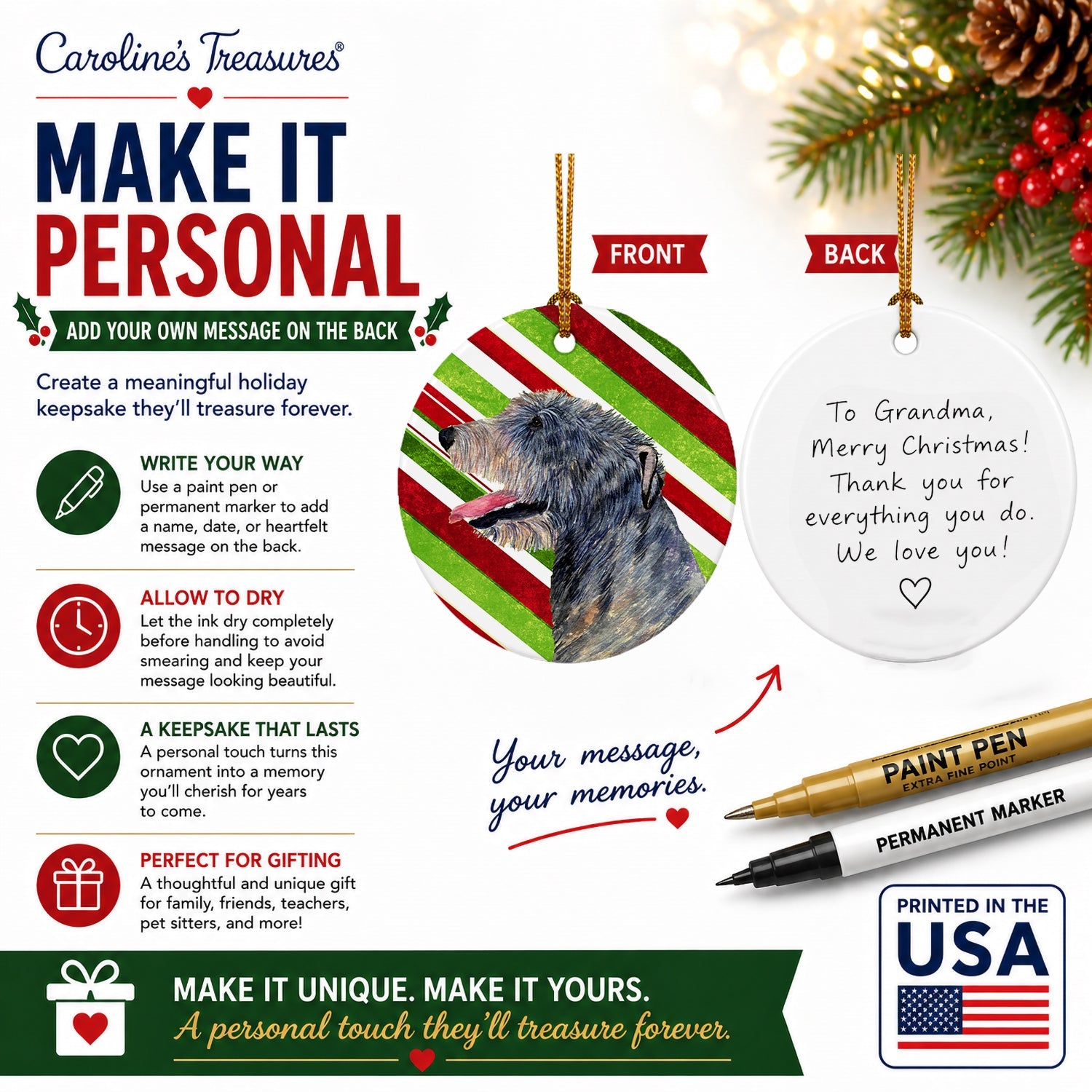 Irish Wolfhound Candy Cane Holiday Christmas Ceramic Ornament Christmas Tree Hanging Decorations for Home Christmas Holiday, Party, Gift, 3 in, Multicolor