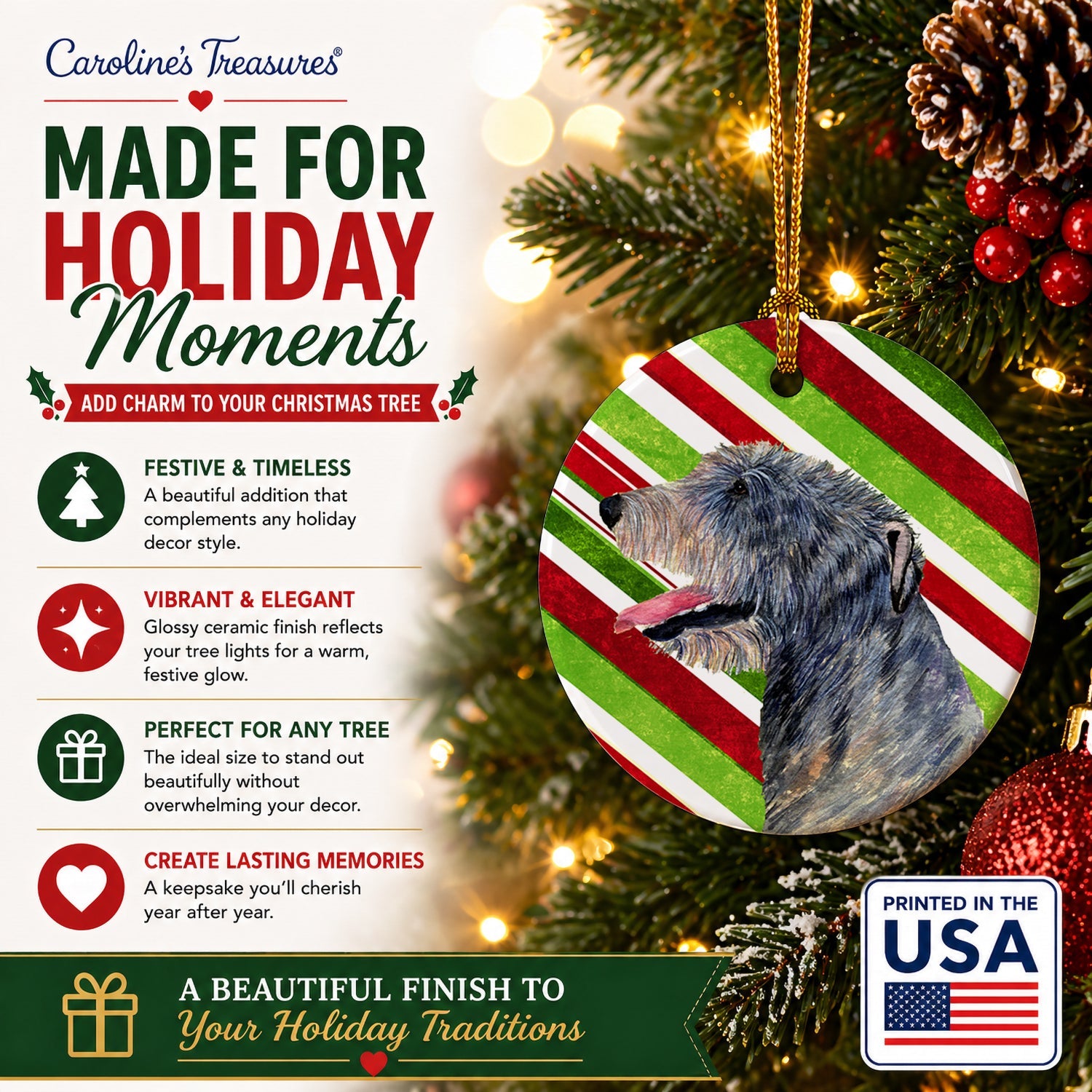 Irish Wolfhound Candy Cane Holiday Christmas Ceramic Ornament Christmas Tree Hanging Decorations for Home Christmas Holiday, Party, Gift, 3 in, Multicolor