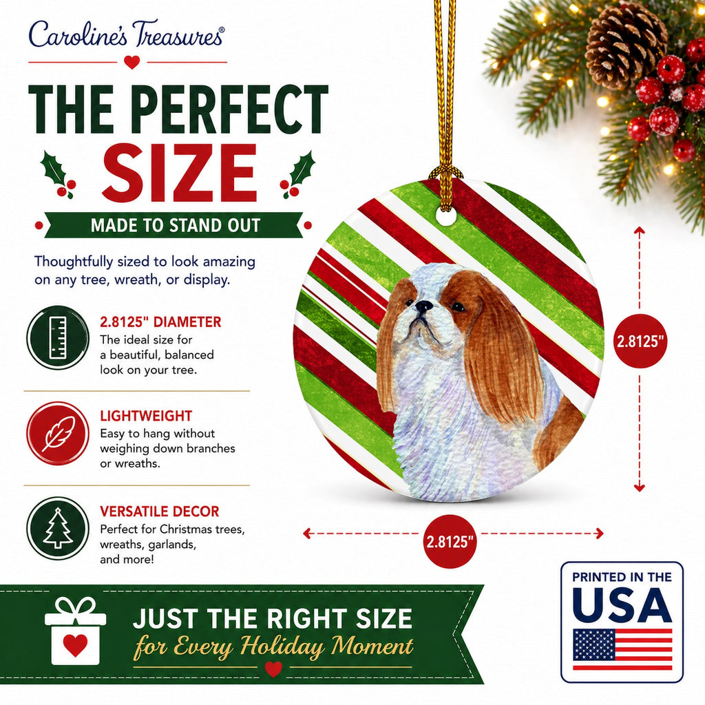 English Toy Spaniel Candy Cane Holiday Christmas Ceramic Ornament Christmas Tree Hanging Decorations for Home Christmas Holiday, Party, Gift, 3 in, Multicolor