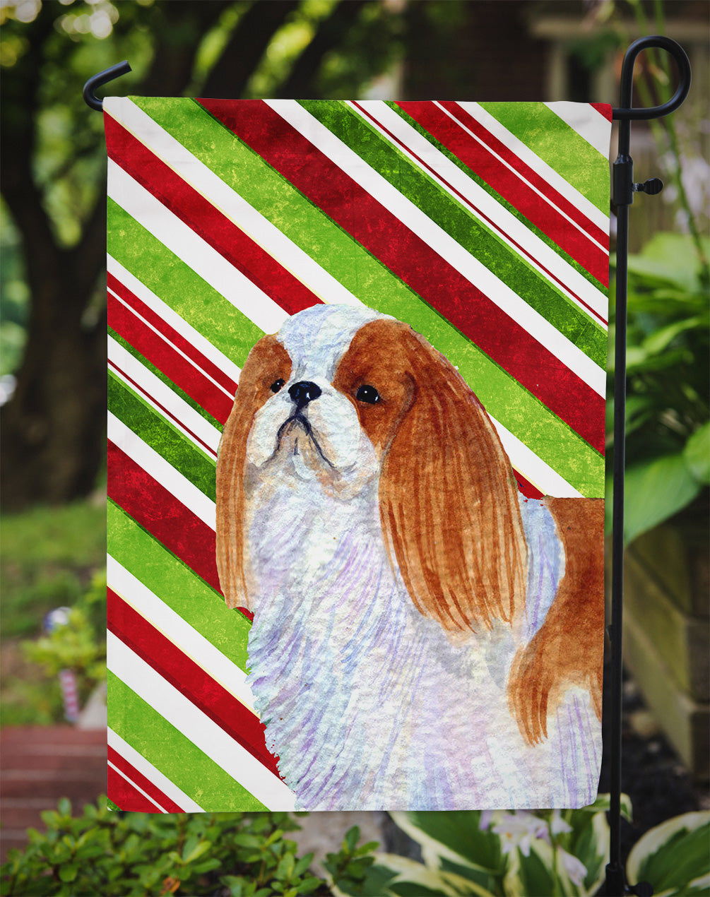 English Toy Spaniel Candy Cane Holiday Christmas Garden Flag Mailbox Decorative Yard Banner Outside Patio Artwork for Flower Beds, Garden Size, Multicolor