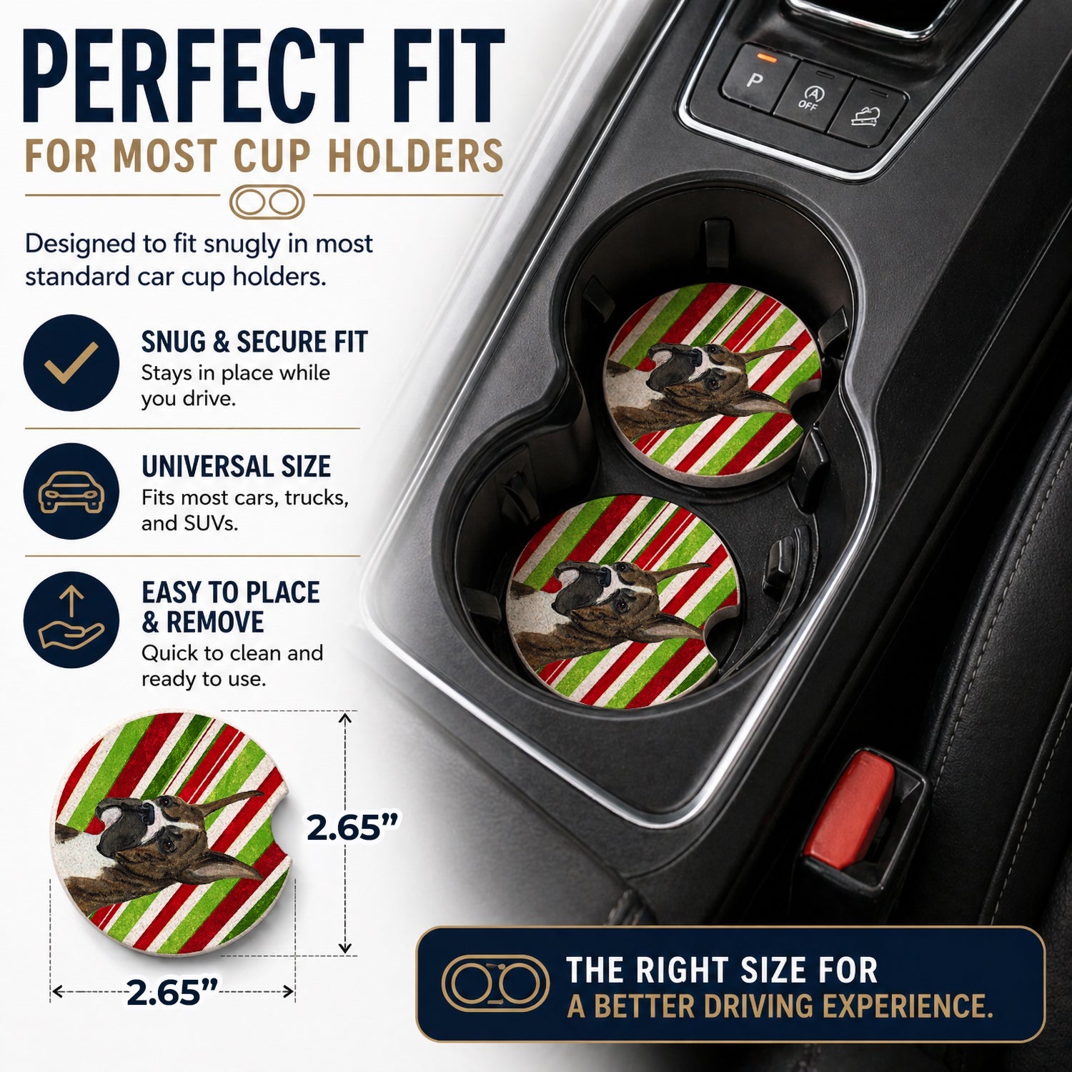 Boxer Candy Cane Holiday Christmas Set of 2 Cup Holder Car Coasters Absorbent Round Sandstone Coasters Gifts for Men or Women, 2.5, Multicolor