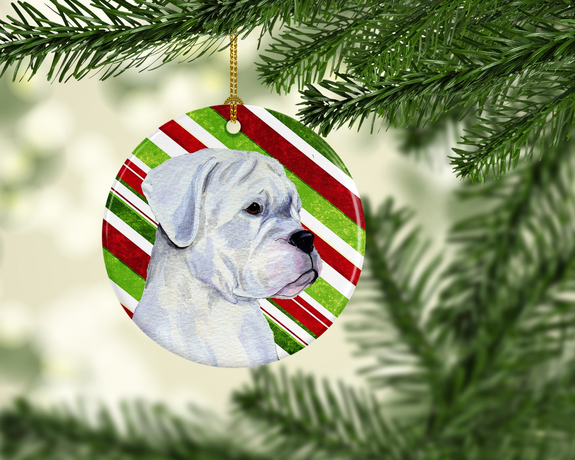 Boxer Candy Cane Holiday Christmas Ceramic Ornament Christmas Tree Hanging Decorations for Home Christmas Holiday, Party, Gift, 3 in, Multicolor