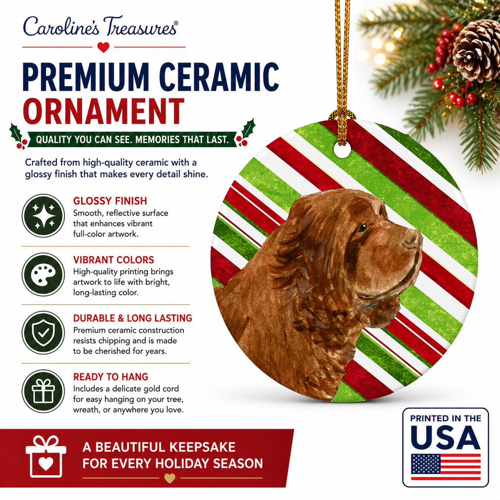 Sussex Spaniel Candy Cane Holiday Christmas Ceramic Ornament Christmas Tree Hanging Decorations for Home Christmas Holiday, Party, Gift, 3 in, Multicolor