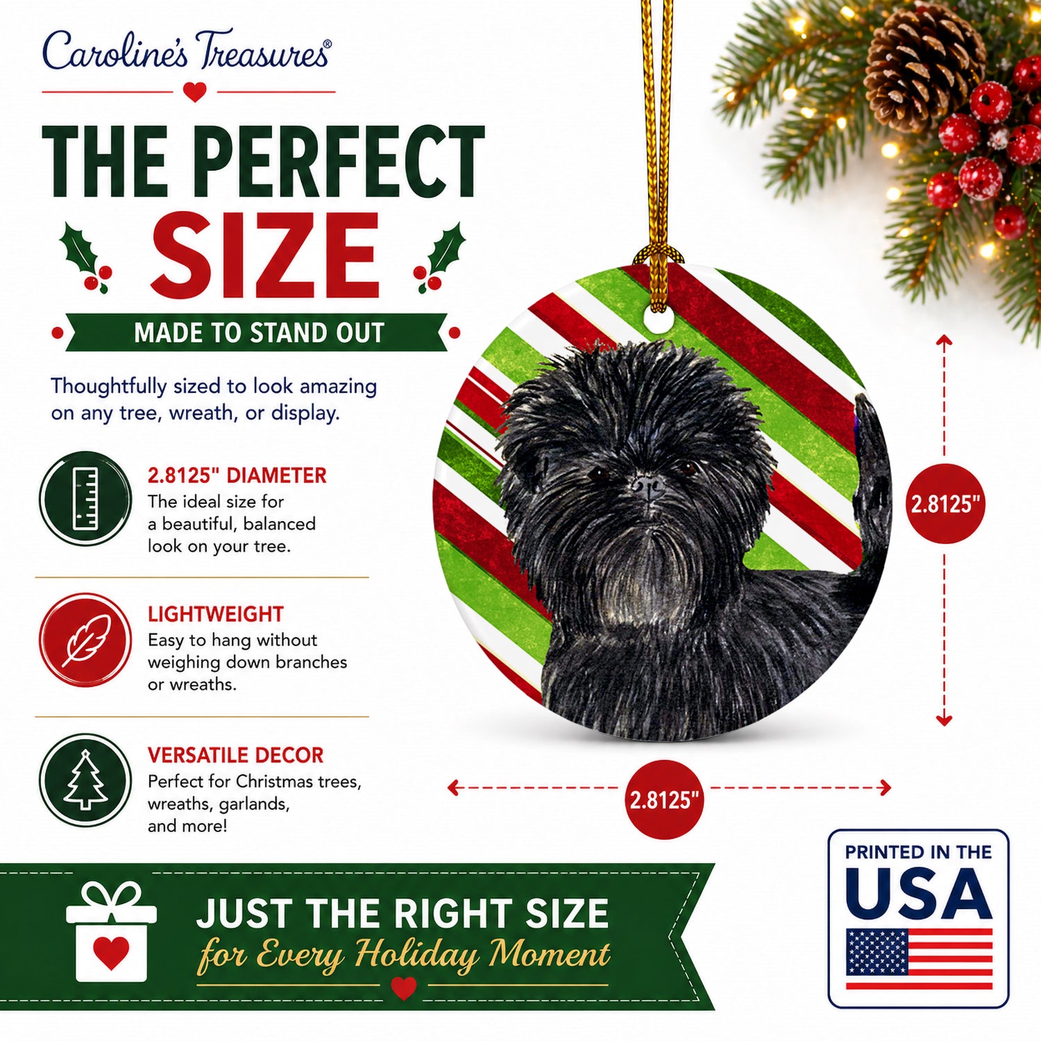 Affenpinscher Candy Cane Holiday Christmas Ceramic Ornament Christmas Tree Hanging Decorations for Home Christmas Holiday, Party, Gift, 3 in, Multicolor