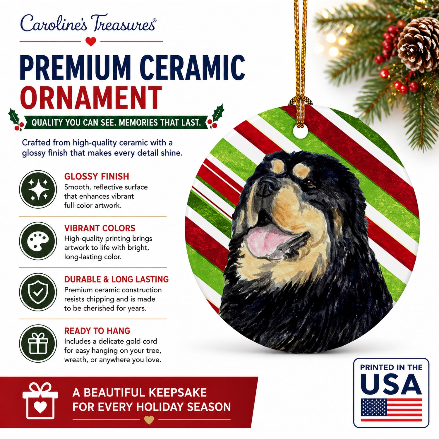 Tibetan Mastiff Candy Cane Holiday Christmas Ceramic Ornament Christmas Tree Hanging Decorations for Home Christmas Holiday, Party, Gift, 3 in, Multicolor