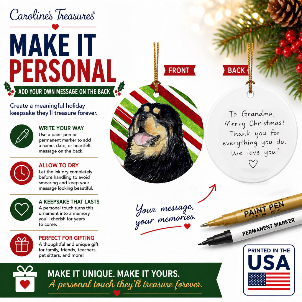 Tibetan Mastiff Candy Cane Holiday Christmas Ceramic Ornament Christmas Tree Hanging Decorations for Home Christmas Holiday, Party, Gift, 3 in, Multicolor
