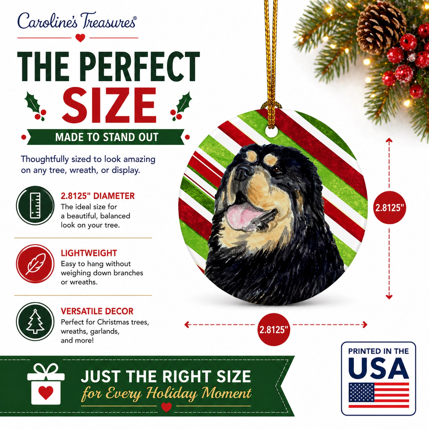 Tibetan Mastiff Candy Cane Holiday Christmas Ceramic Ornament Christmas Tree Hanging Decorations for Home Christmas Holiday, Party, Gift, 3 in, Multicolor