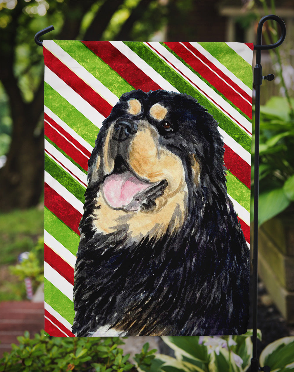 Tibetan Mastiff Candy Cane Holiday Christmas Garden Flag Mailbox Decorative Yard Banner Outside Patio Artwork for Flower Beds, Garden Size, Multicolor