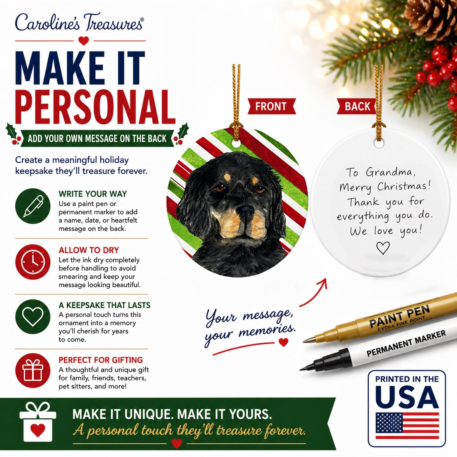 Gordon Setter Candy Cane Holiday Christmas Ceramic Ornament Christmas Tree Hanging Decorations for Home Christmas Holiday, Party, Gift, 3 in, Multicolor