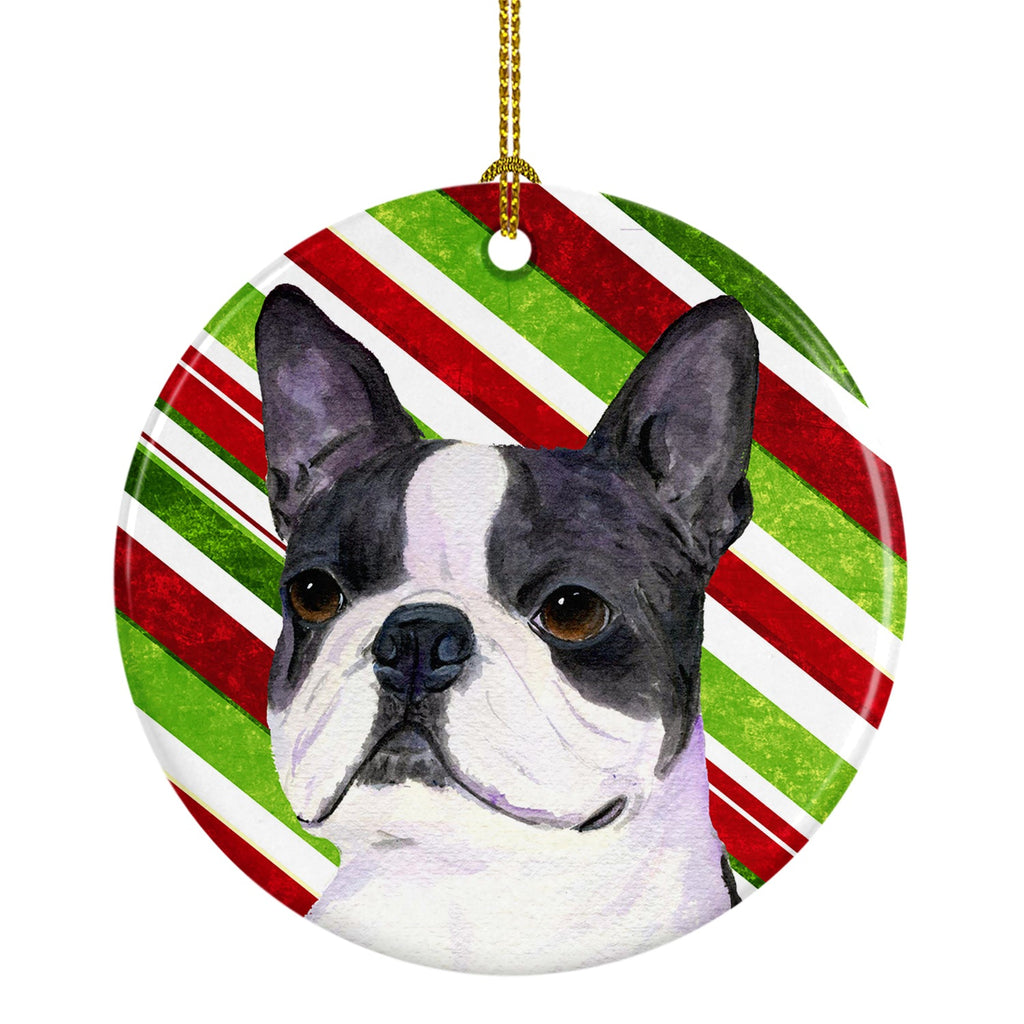 Boston Terrier Candy Cane Holiday Christmas Ceramic Ornament Christmas Tree Hanging Decorations for Home Christmas Holiday, Party, Gift, 3 in, Multicolor
