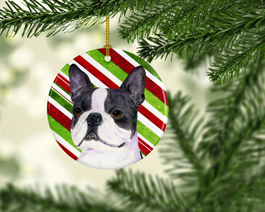 Boston Terrier Candy Cane Holiday Christmas Ceramic Ornament Christmas Tree Hanging Decorations for Home Christmas Holiday, Party, Gift, 3 in, Multicolor