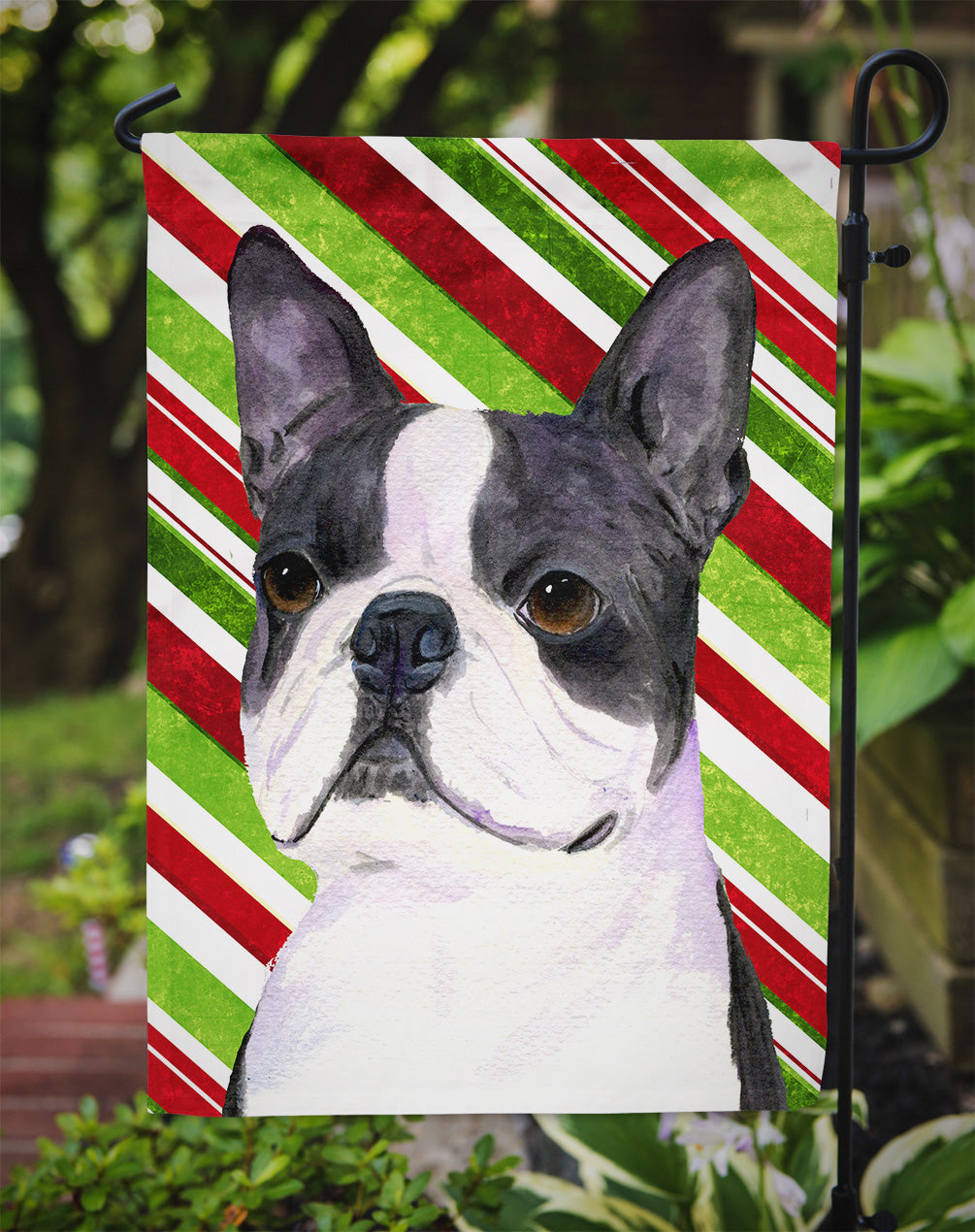 Boston Terrier Candy Cane Holiday Christmas Garden Flag Mailbox Decorative Yard Banner Outside Patio Artwork for Flower Beds, Garden Size, Multicolor