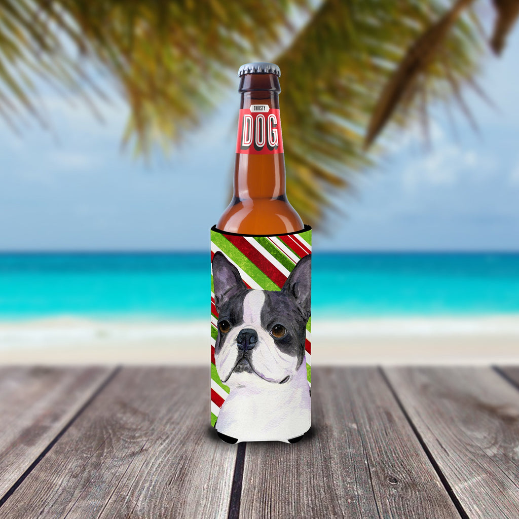 Boston Terrier Candy Cane Holiday Christmas Slim Can Hugger , Insulated Foam Hugger for 12 oz Slim Cans, Beer Bottles & Water Bottles, Printed in USA
