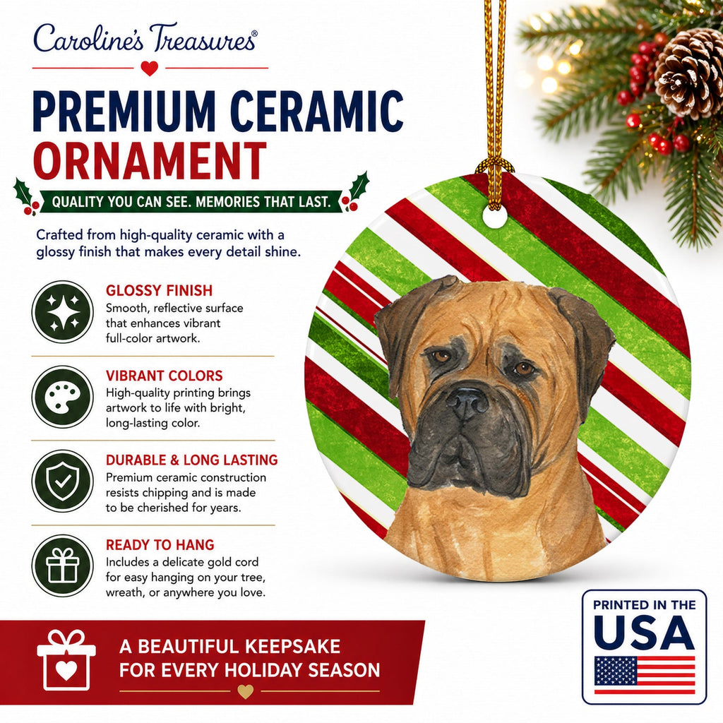 Bullmastiff Candy Cane Holiday Christmas Ceramic Ornament Christmas Tree Hanging Decorations for Home Christmas Holiday, Party, Gift, 3 in, Multicolor