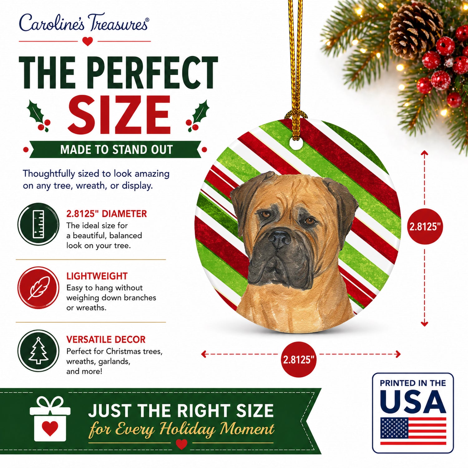 Bullmastiff Candy Cane Holiday Christmas Ceramic Ornament Christmas Tree Hanging Decorations for Home Christmas Holiday, Party, Gift, 3 in, Multicolor
