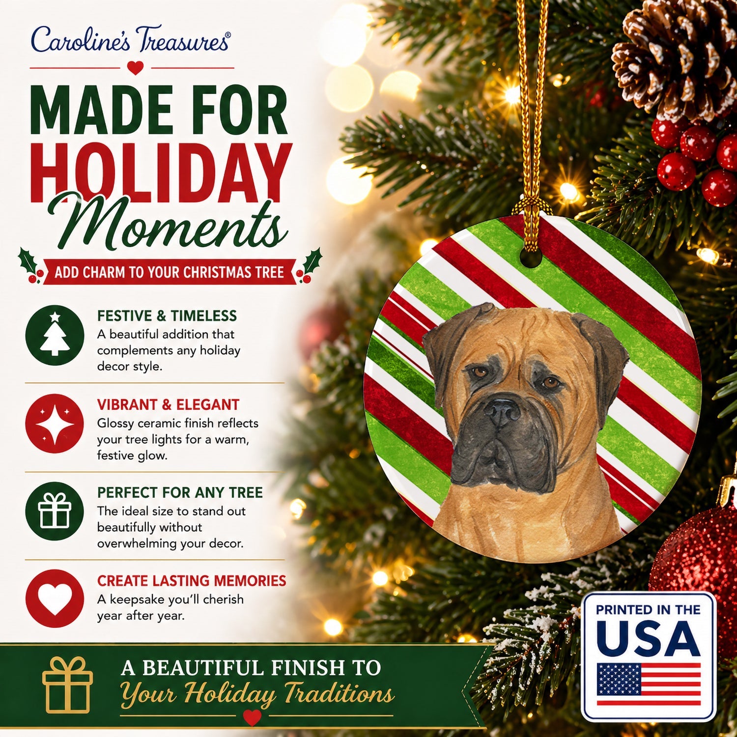 Bullmastiff Candy Cane Holiday Christmas Ceramic Ornament Christmas Tree Hanging Decorations for Home Christmas Holiday, Party, Gift, 3 in, Multicolor