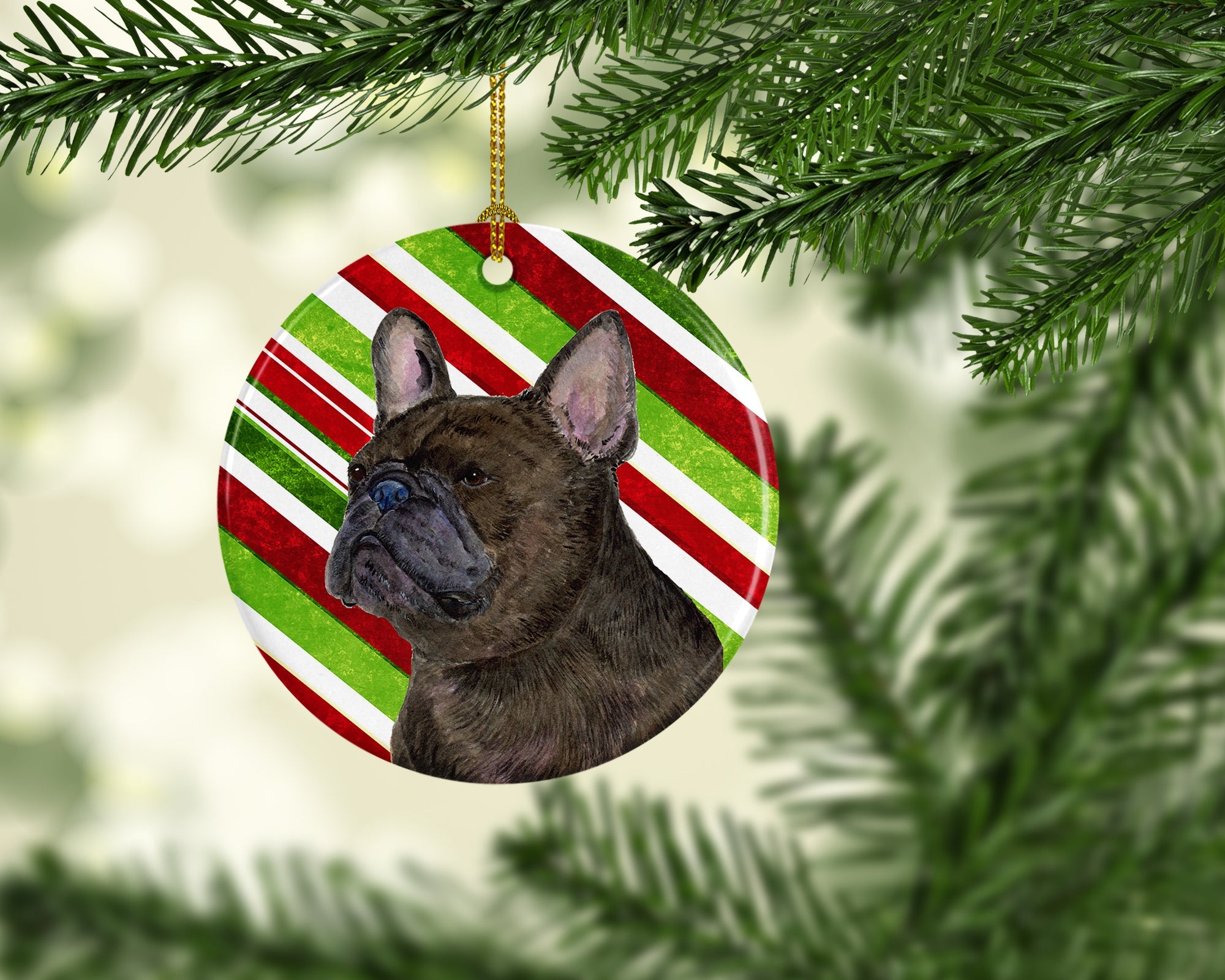 French Bulldog Candy Cane Holiday Christmas Ceramic Ornament Christmas Tree Hanging Decorations for Home Christmas Holiday, Party, Gift, 3 in, Multicolor