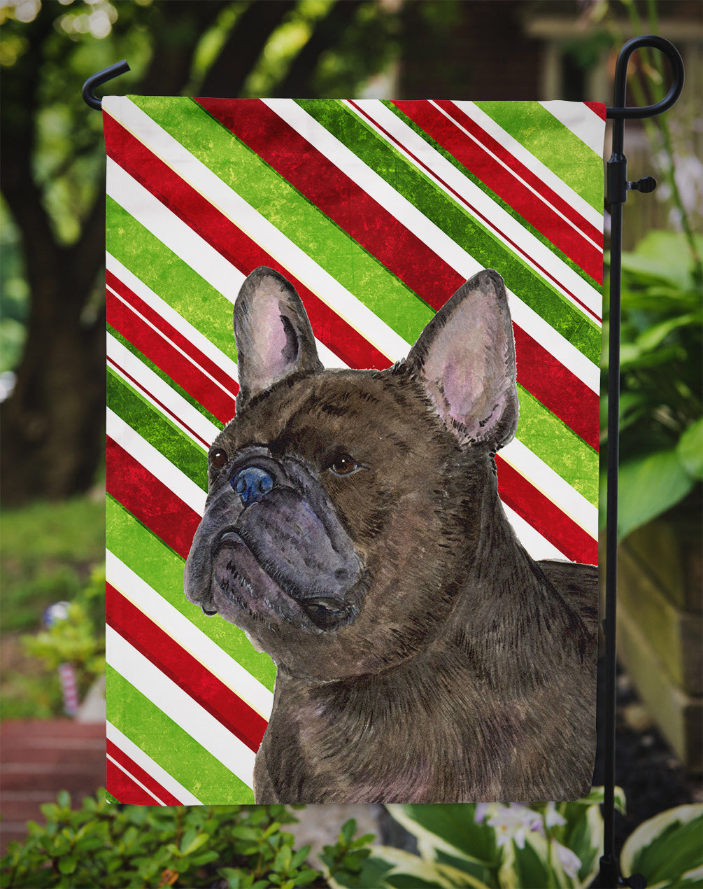 French Bulldog Candy Cane Holiday Christmas Garden Flag Mailbox Decorative Yard Banner Outside Patio Artwork for Flower Beds, Garden Size, Multicolor