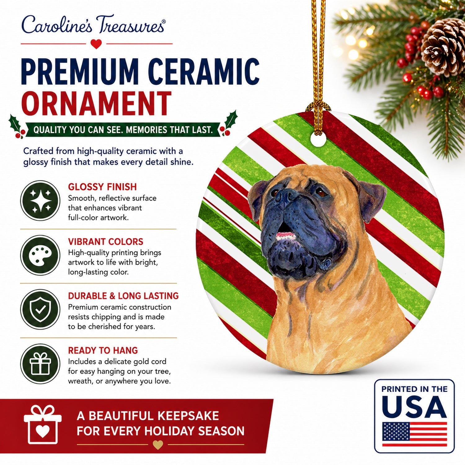 Mastiff Candy Cane Holiday Christmas Ceramic Ornament Christmas Tree Hanging Decorations for Home Christmas Holiday, Party, Gift, 3 in, Multicolor