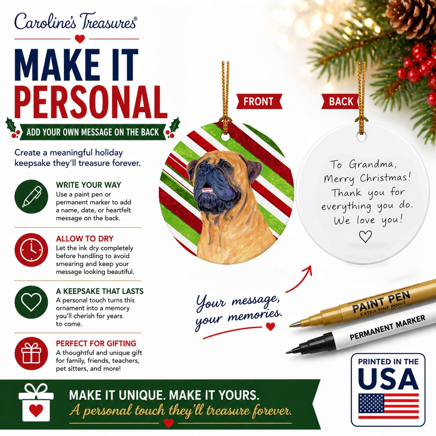 Mastiff Candy Cane Holiday Christmas Ceramic Ornament Christmas Tree Hanging Decorations for Home Christmas Holiday, Party, Gift, 3 in, Multicolor