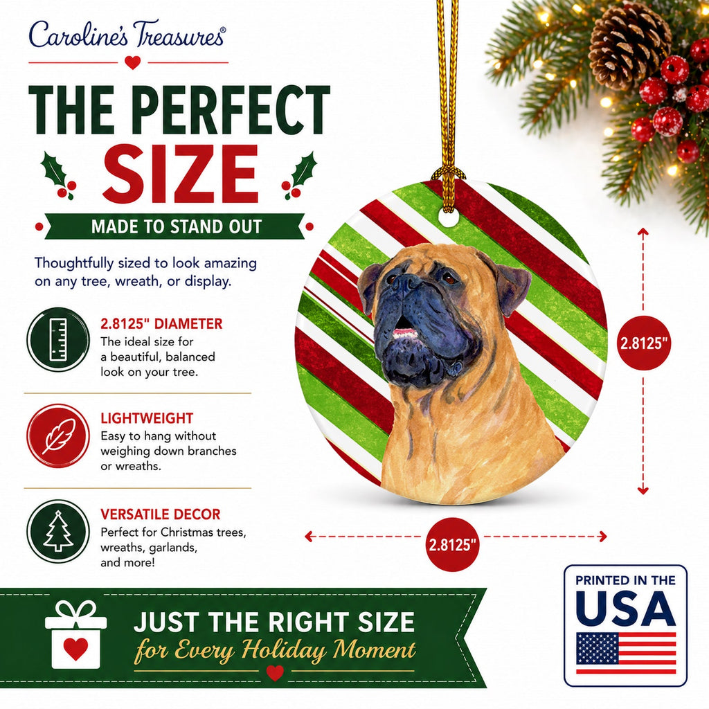 Mastiff Candy Cane Holiday Christmas Ceramic Ornament Christmas Tree Hanging Decorations for Home Christmas Holiday, Party, Gift, 3 in, Multicolor