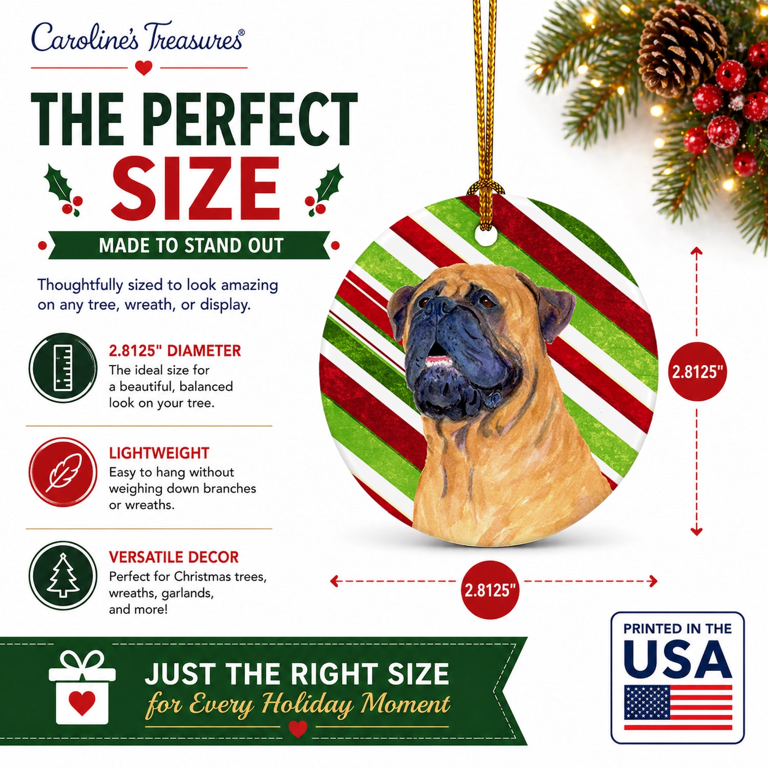 Mastiff Candy Cane Holiday Christmas Ceramic Ornament Christmas Tree Hanging Decorations for Home Christmas Holiday, Party, Gift, 3 in, Multicolor