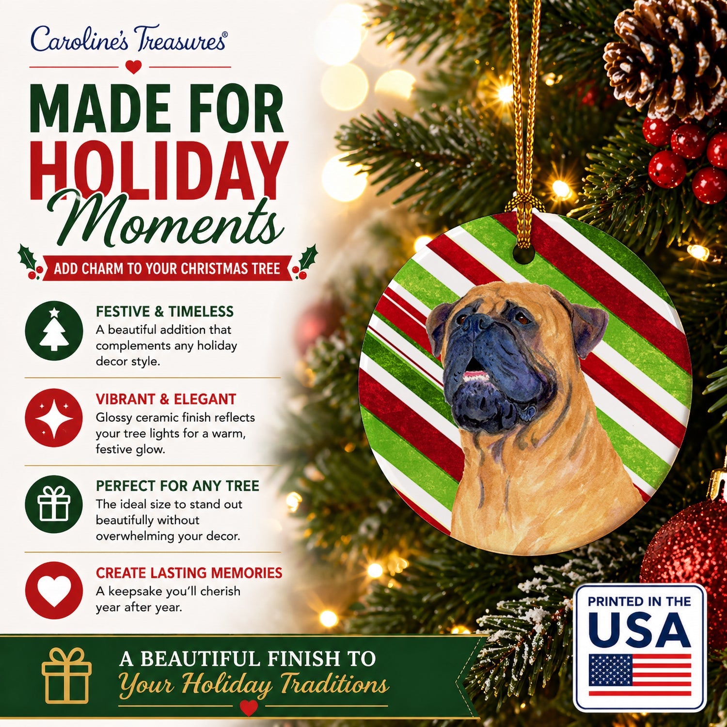 Mastiff Candy Cane Holiday Christmas Ceramic Ornament Christmas Tree Hanging Decorations for Home Christmas Holiday, Party, Gift, 3 in, Multicolor