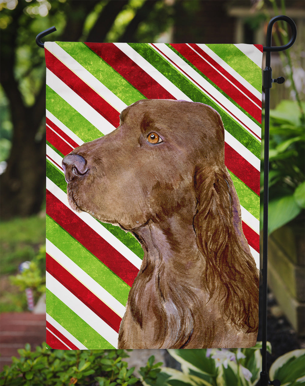 Field Spaniel Candy Cane Holiday Christmas Garden Flag Mailbox Decorative Yard Banner Outside Patio Artwork for Flower Beds, Garden Size, Multicolor