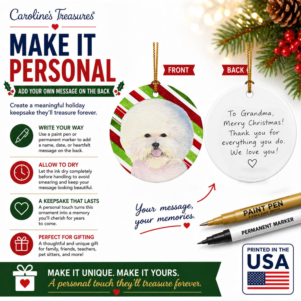Bichon Frise Candy Cane Holiday Christmas Ceramic Ornament Christmas Tree Hanging Decorations for Home Christmas Holiday, Party, Gift, 3 in, Multicolor