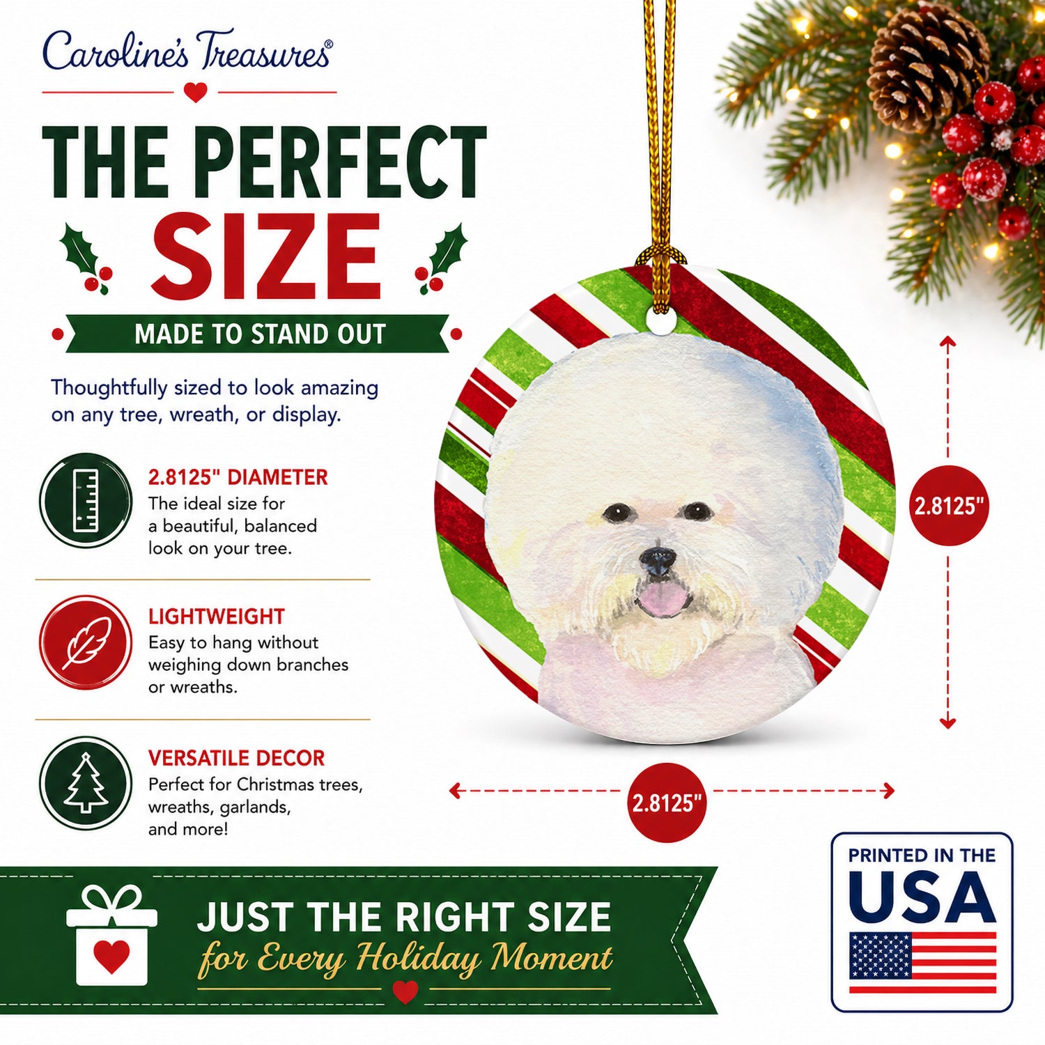Bichon Frise Candy Cane Holiday Christmas Ceramic Ornament Christmas Tree Hanging Decorations for Home Christmas Holiday, Party, Gift, 3 in, Multicolor