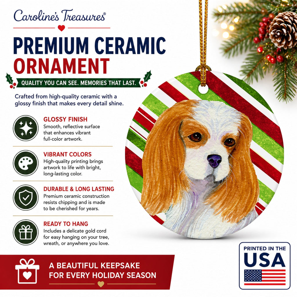 Cavalier Spaniel Candy Cane Holiday Christmas Ceramic Ornament Christmas Tree Hanging Decorations for Home Christmas Holiday, Party, Gift, 3 in, Multicolor