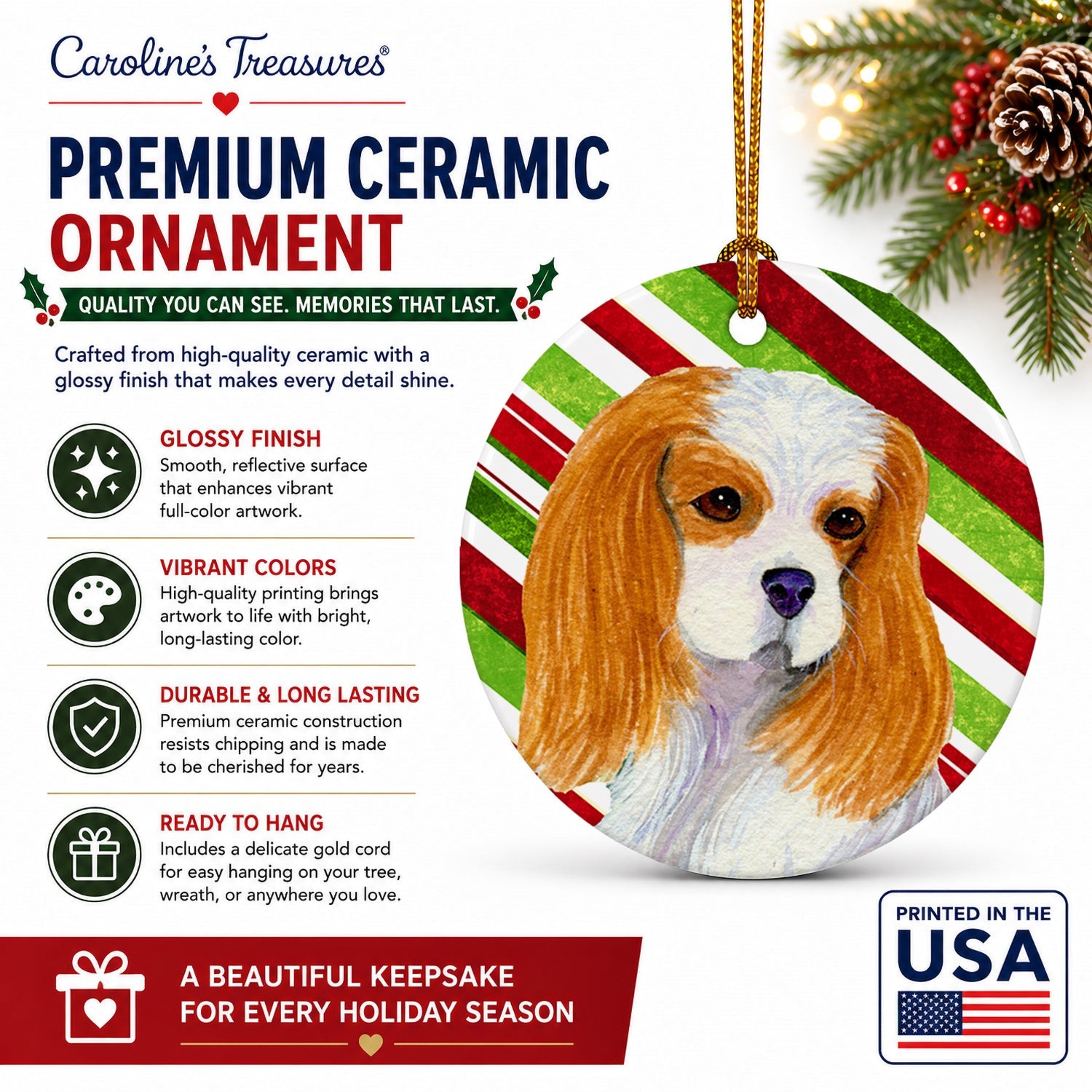 Cavalier Spaniel Candy Cane Holiday Christmas Ceramic Ornament Christmas Tree Hanging Decorations for Home Christmas Holiday, Party, Gift, 3 in, Multicolor