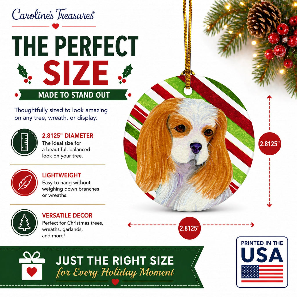 Cavalier Spaniel Candy Cane Holiday Christmas Ceramic Ornament Christmas Tree Hanging Decorations for Home Christmas Holiday, Party, Gift, 3 in, Multicolor