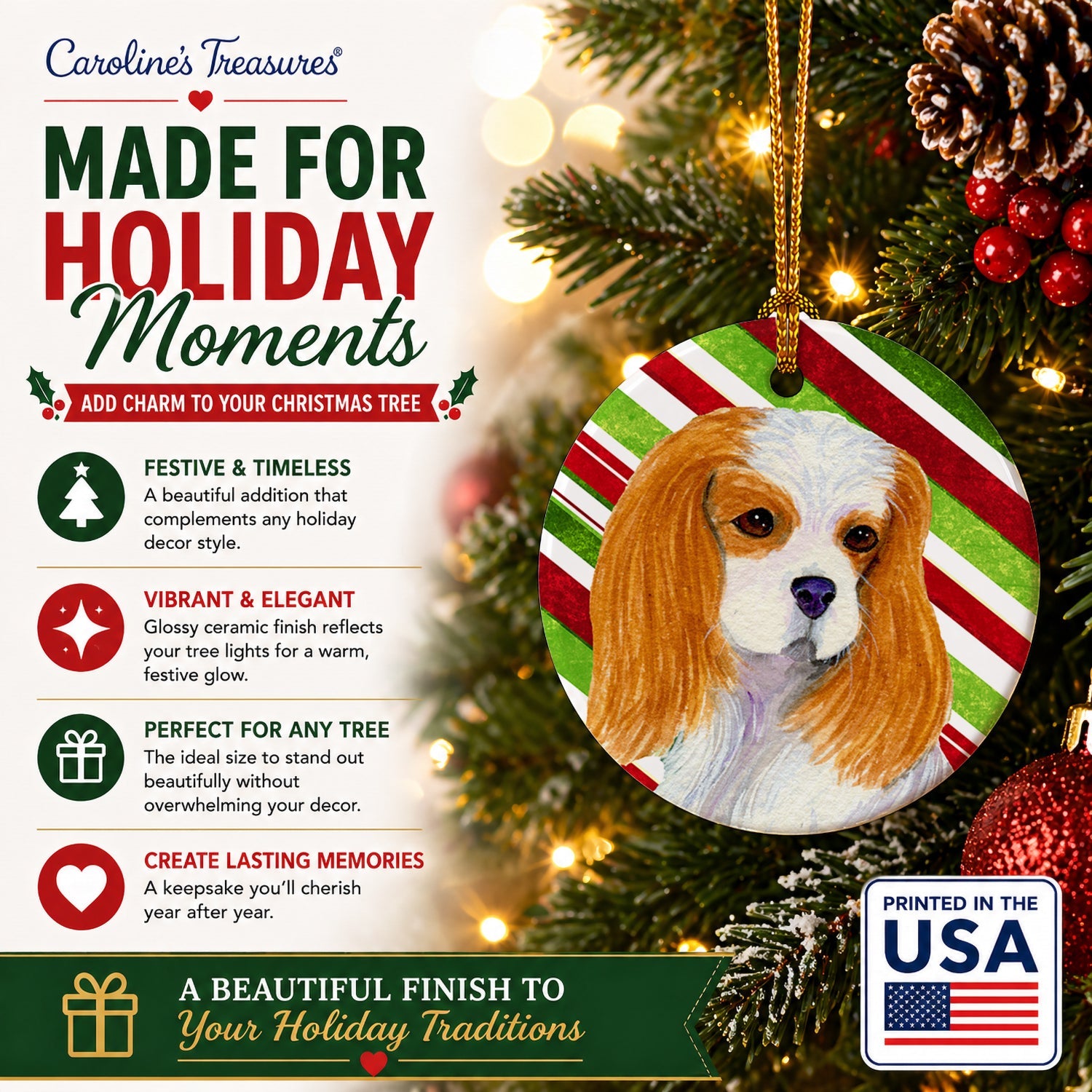 Cavalier Spaniel Candy Cane Holiday Christmas Ceramic Ornament Christmas Tree Hanging Decorations for Home Christmas Holiday, Party, Gift, 3 in, Multicolor