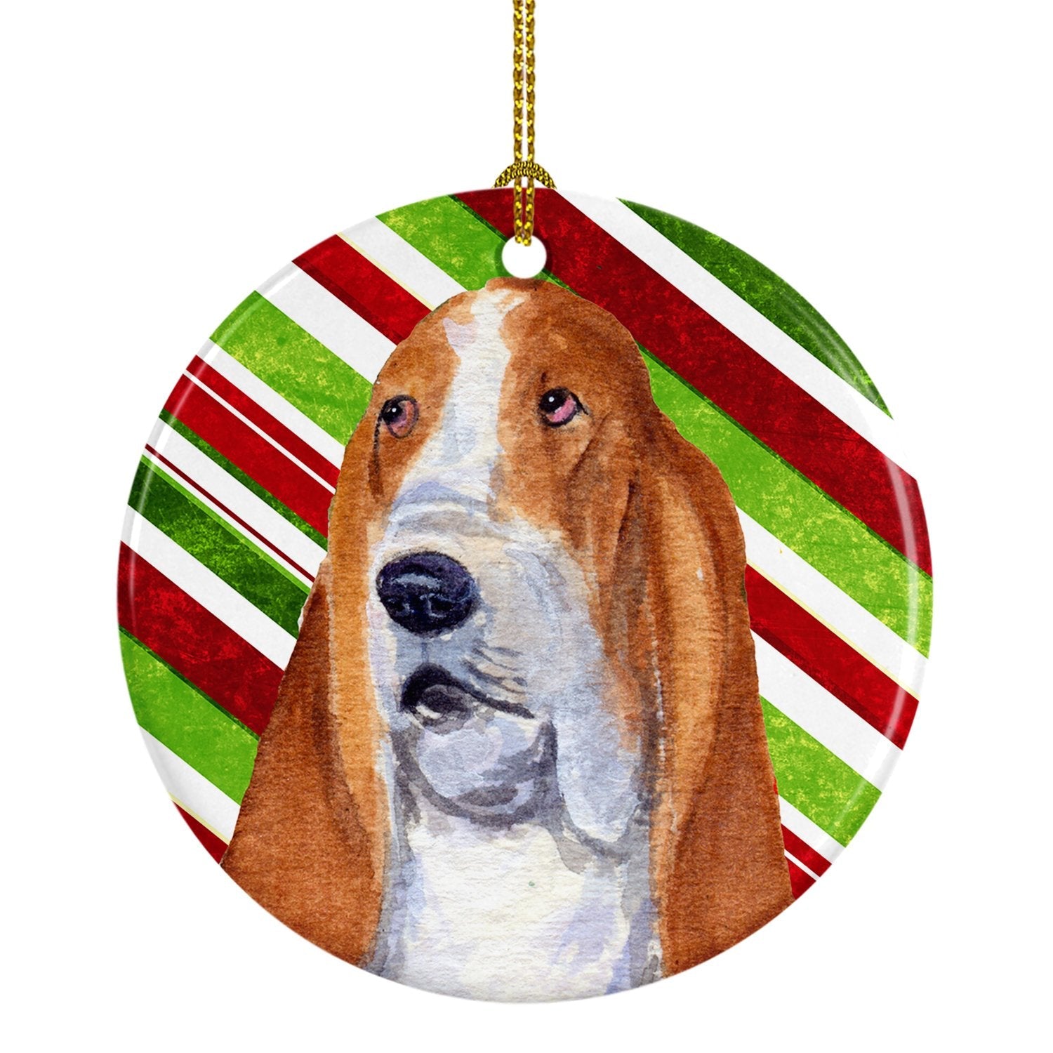 Basset Hound Candy Cane Holiday Christmas Ceramic Ornament Christmas Tree Hanging Decorations for Home Christmas Holiday, Party, Gift, 3 in, Multicolor
