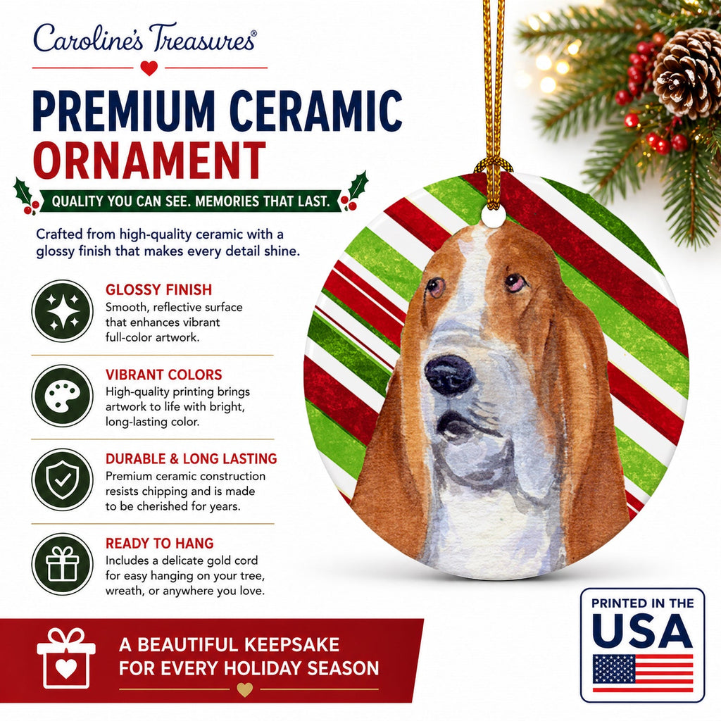 Basset Hound Candy Cane Holiday Christmas Ceramic Ornament Christmas Tree Hanging Decorations for Home Christmas Holiday, Party, Gift, 3 in, Multicolor