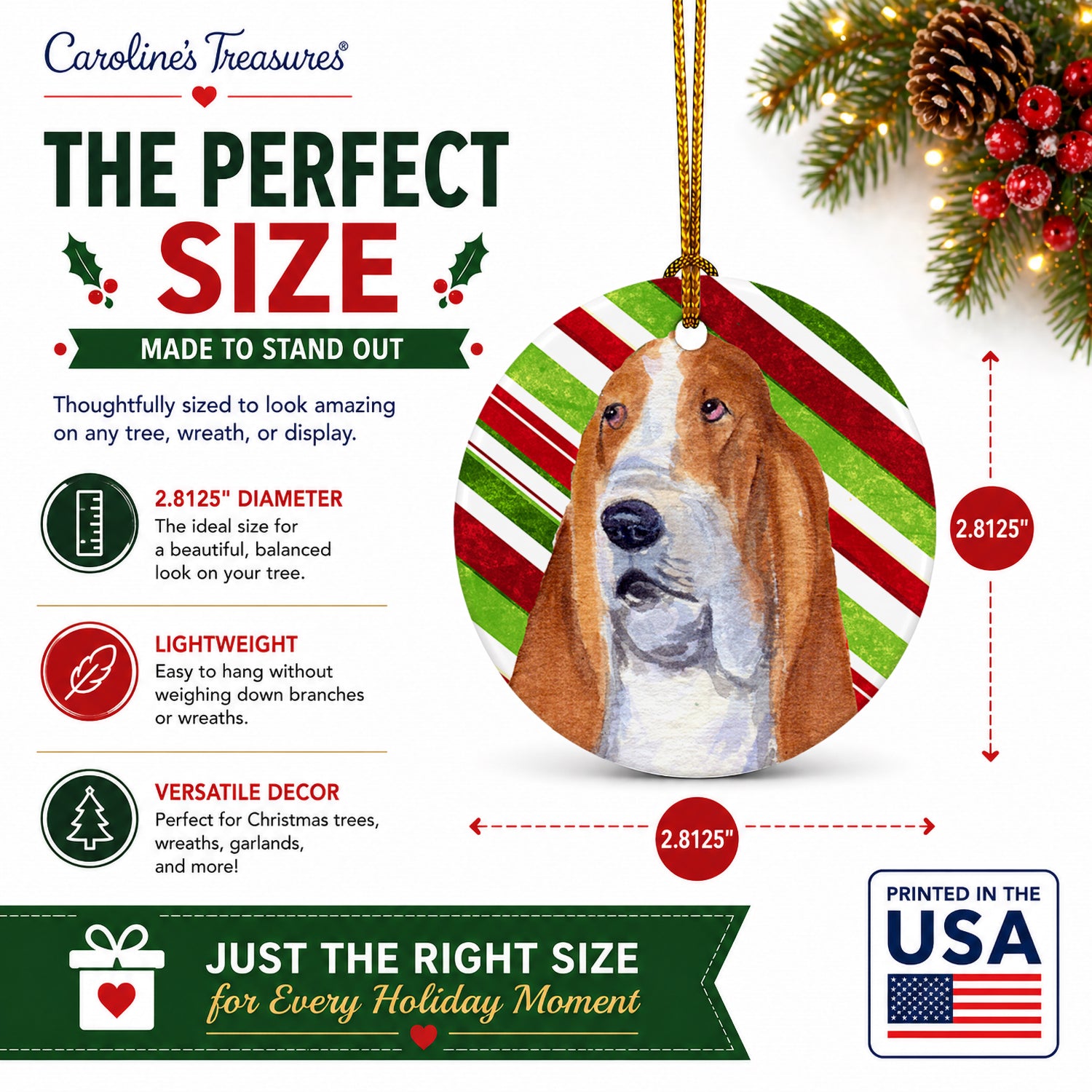 Basset Hound Candy Cane Holiday Christmas Ceramic Ornament Christmas Tree Hanging Decorations for Home Christmas Holiday, Party, Gift, 3 in, Multicolor